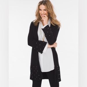 NWT Chico’s Faux Pearl Embellished Pleat Sweater in Black SZ S Timeless Elegance
